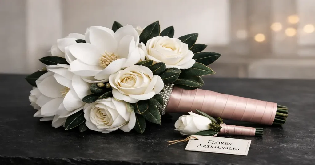 Combo de ramo de novia eterno y azahar para novio a juego en flores de tela