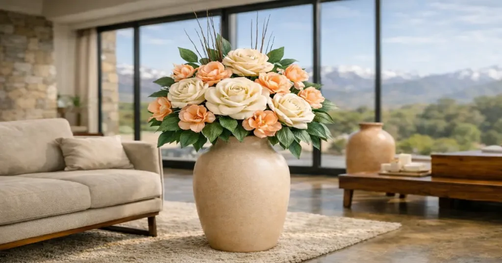 Cómo decorar jarrones grandes con varas y flores de tela premium en un living moderno con vista a la cordillera.
