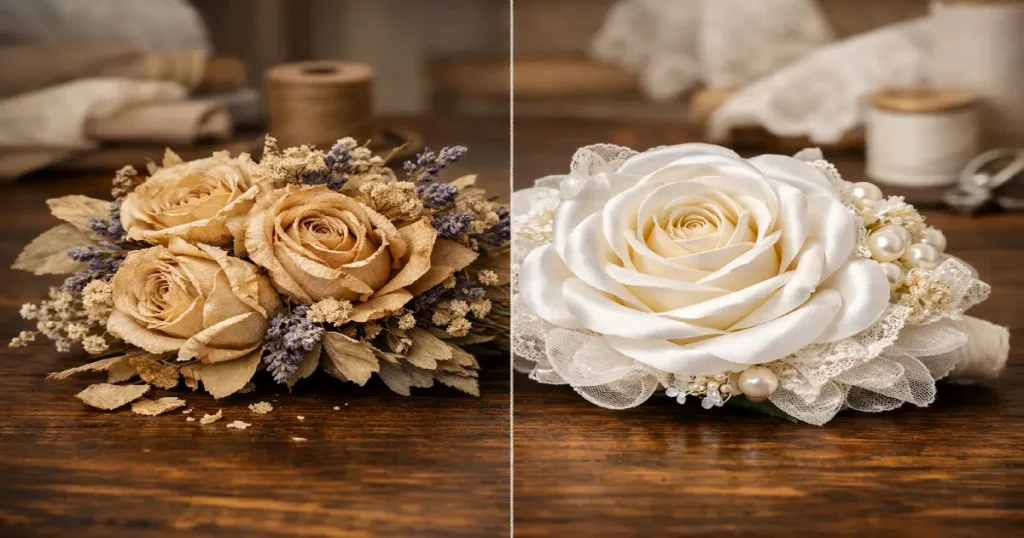 comparativa entre Ramo de novia preservado vs. tela artesanal