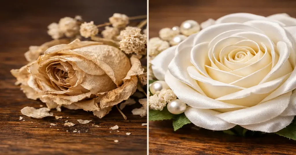 Comparativa de texturas entre flores preservadas y ramos de novia de tela