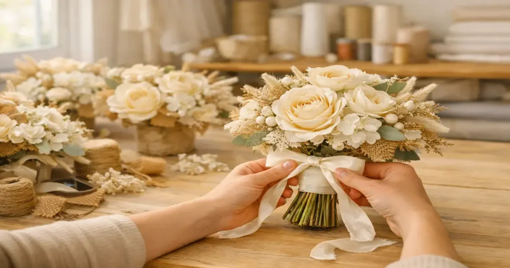 Composición de ramos de novia estilo campo con flores de tela en taller de Argentina