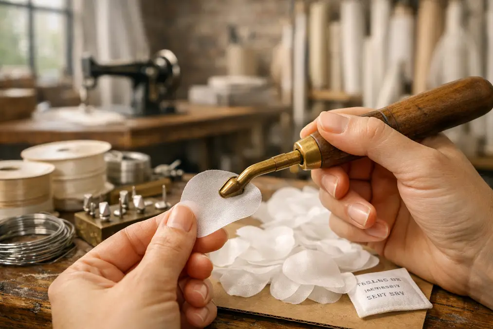 Corte y modelado térmico de pétalos para flores de organza en taller de alta costura