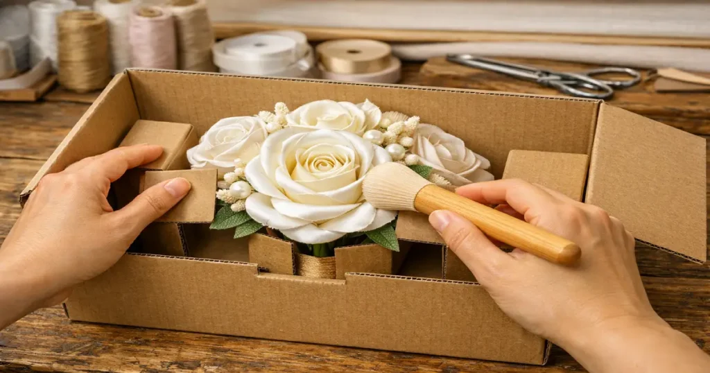 Preparación de embalaje estructural rígido para envío de flores artesanales por correo