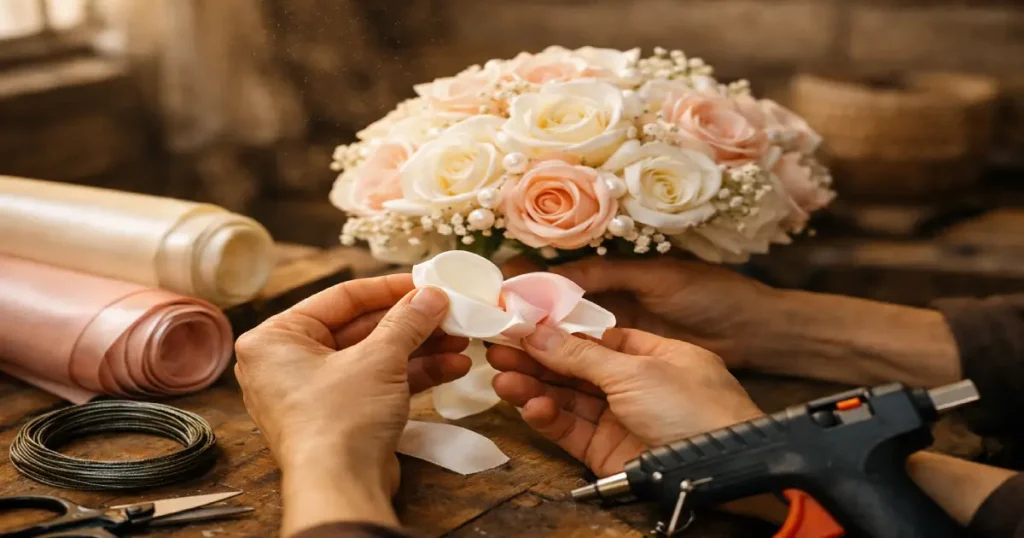 Fabricación de ramos de novia eternos en taller de Mendoza