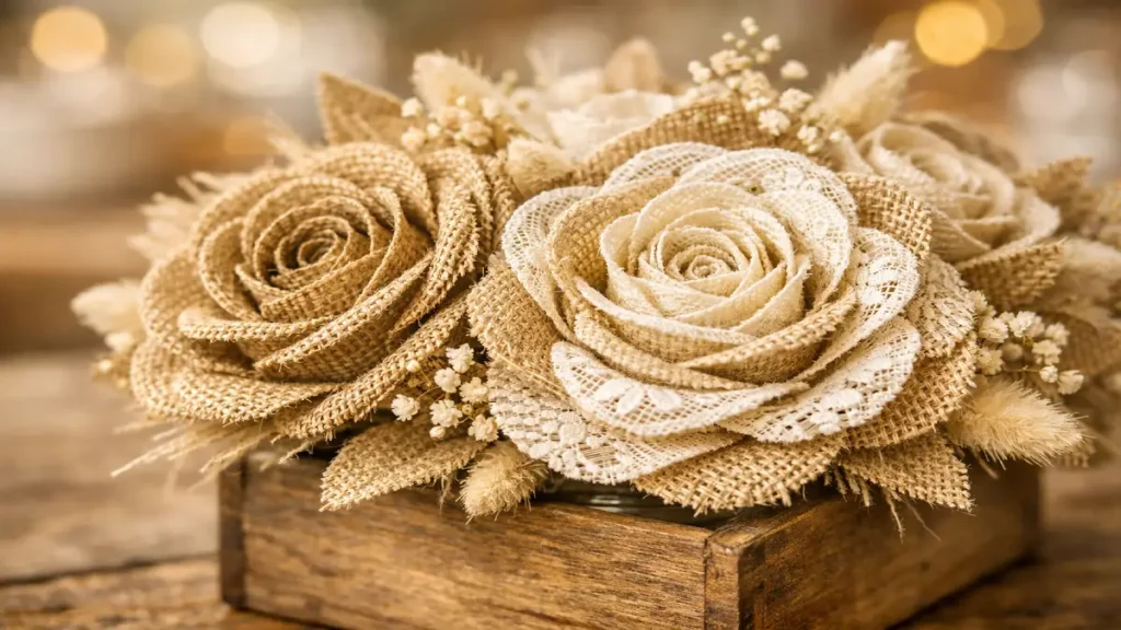Flores de arpillera y encaje hechas a mano para centros de mesa rústicos