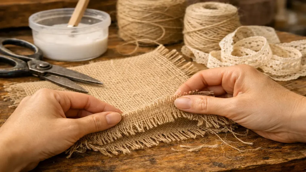 Flores de arpillera y encaje tratamiento y preparación para confección de flores artesanales
