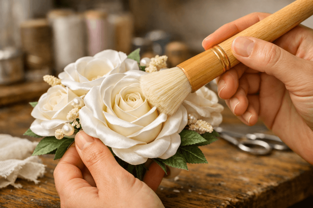 Proceso de mantenimiento y limpieza de flores artesanales de tela