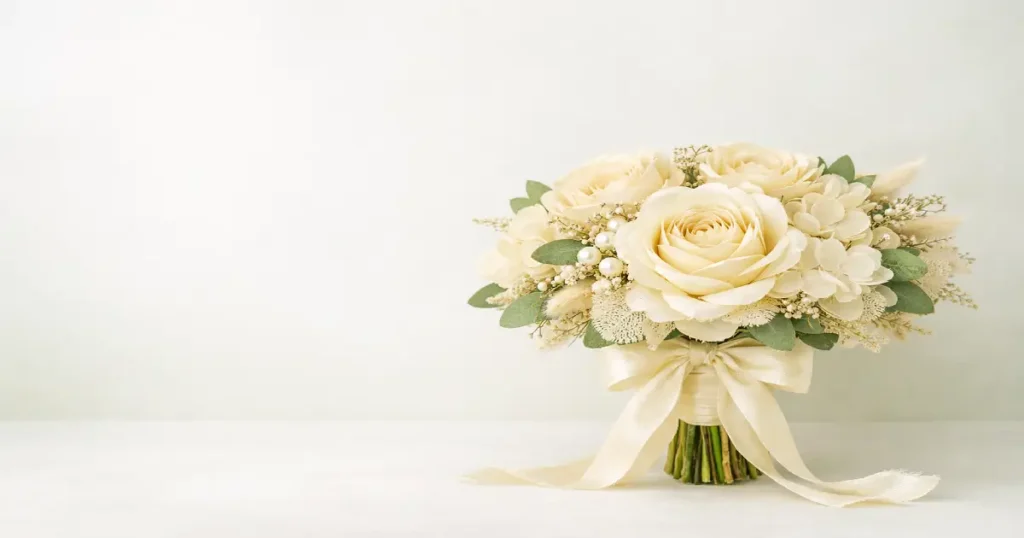 Ramo de novia eterno de tela artesanal estilo natural con flores de organza y seda