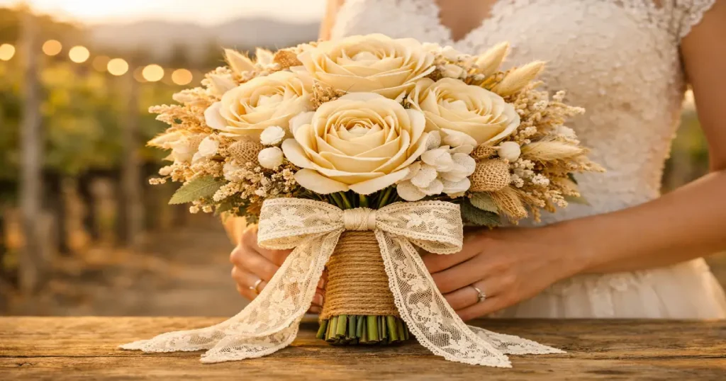 Ramos de novia estilo campo con flores artificiales rústicas de tela