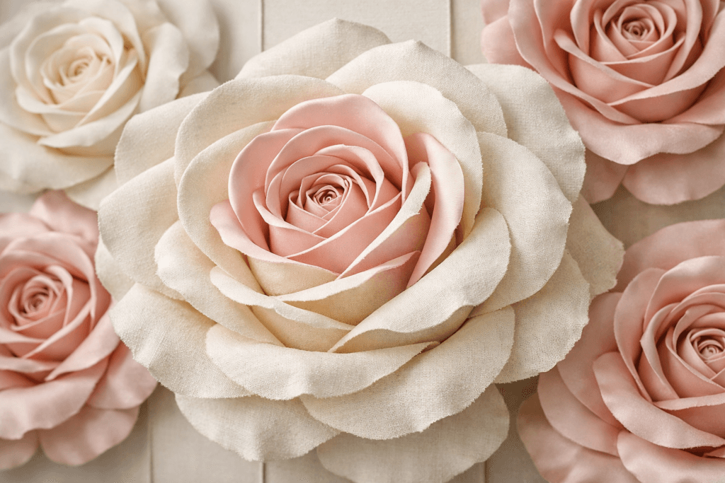 Rosas artesanales de lienzo y satén montadas en paneles decorativos