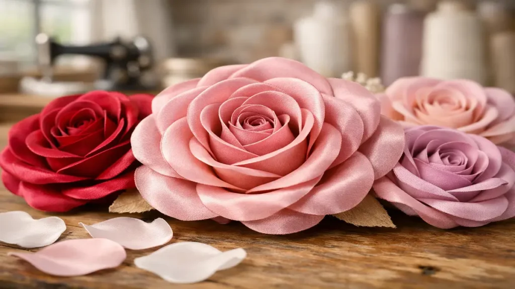 Rosas de tela terminadas hechas a mano con raso satinado y costura invisible